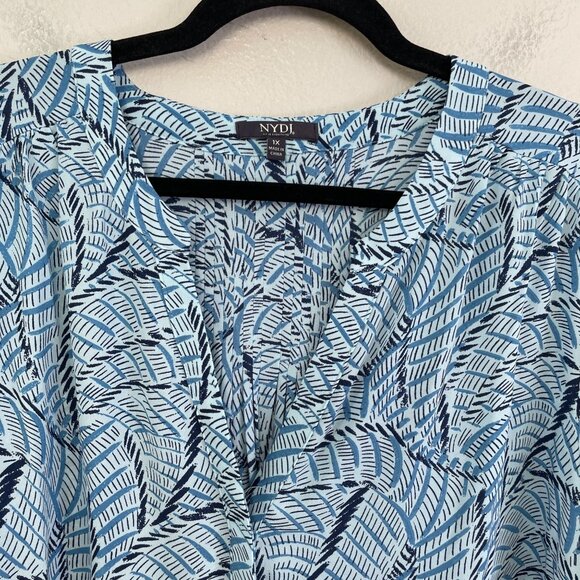 NYDJ Womens Plus 1X Blue Button Up Blouse Long Sleeve V Neck Shirt Pleated Back - Picture 8 of 10